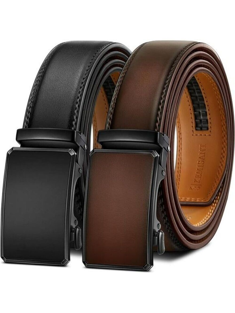Mens Leather Ratchet Belts Set of 2 Adjustable Slide Buckle Cut to Fit